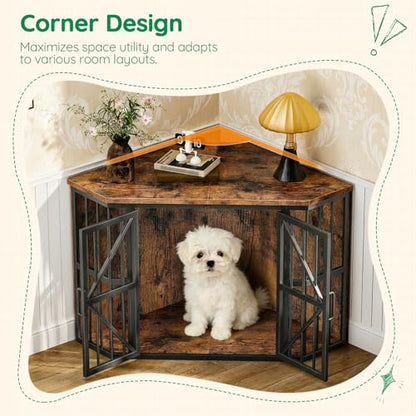 44" Corner Dog Crate Furniture for Medium Dogs, Rustic Brown, view 7