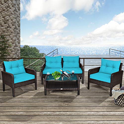 4 Piece Patio Furniture Set, Outdoor Wicker Conversation Set with Glass Top Coffee Table, All Weather Proof and Thick Cushions, Suitable for Porch, Garden, Poolside and Lawn (Turquoise)
