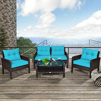4 Piece Patio Furniture Set, Outdoor Wicker Conversation Set with Glass Top Coffee Table, All Weather Proof and Thick Cushions, Suitable for Porch, Garden, Poolside and Lawn (Turquoise)