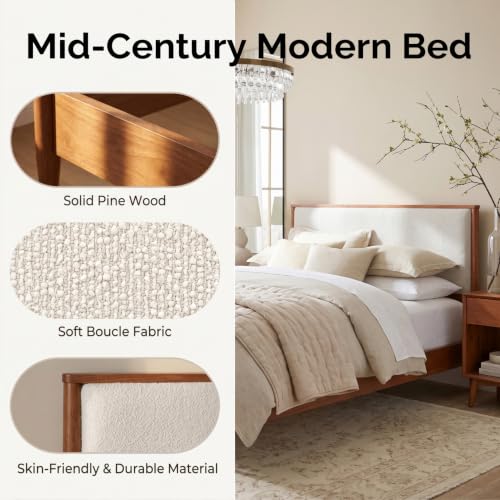 Mid Century Bed Frame with Boucle Upholstered Headboard, Walnut, view 5