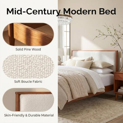 Mid Century Bed Frame with Boucle Upholstered Headboard, Walnut, view 5