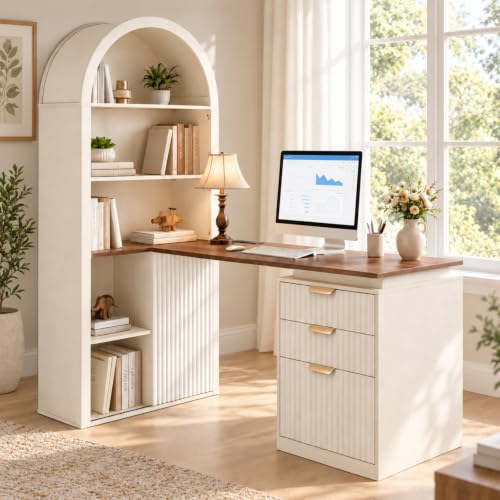 61" L Shaped Desk with Arched Bookshelf Hutch, view 2