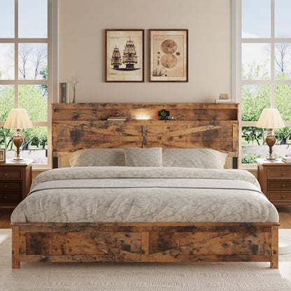 King Size Farmhouse Wooden Bed Frame with Storage Headboard, view 2