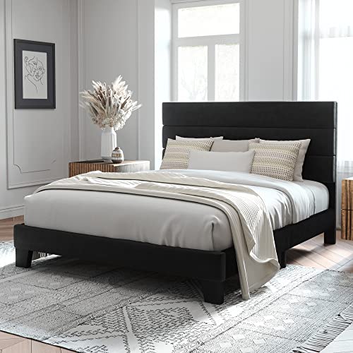 Queen Size Platform Bed Frame with Velvet Upholstered Headboard, view 2
