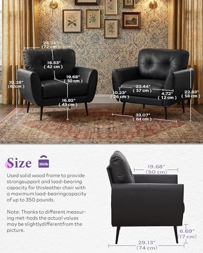 Black Leather Accent Chairs Set of 2, Tufted Reading Chairs for Living Room | Faux Leather Upholstery, Leather Armchairs, Mid-Century Modern, Tufted Design, Office, Bedroom, Salon, Reception