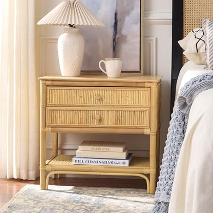 SAFAVIEH Furniture - Imari Nightstand - Natural - Rattan & Solid Wood - 2-Drawer Nightstand with Shelf Storage - Handwoven Design for Bedroom & Guest Room, 17.3" W x 24.4" D x 23.2" H (NST6001A)