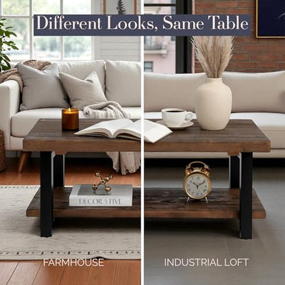 Pomona 42-Inch Rectangular Solid Wood Coffee Table with Storage Shelf & Metal Legs – Rustic Industrial Farmhouse Living Room Table by (Rustic Natural)