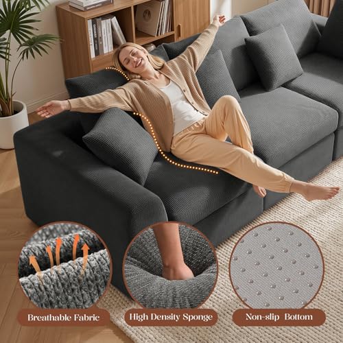 110" Cloud Sectional Couches for Living Room, L-Shaped Convertible Sofa, 3-Seat Modular Boneless Couch with Movable Ottoman, Dark Grey