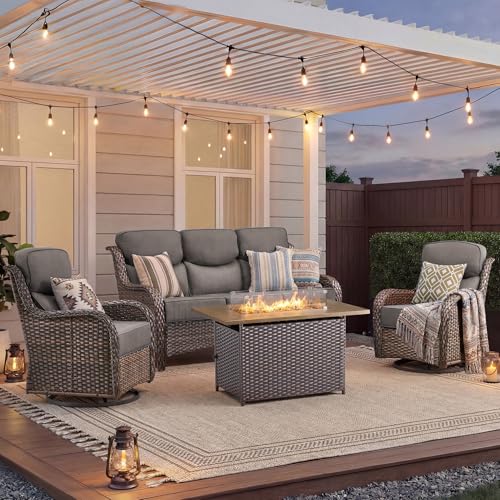 Luxury Patio Furniture Set with Fire Pit Table-4 Pieces High Back Wicker Swivel Rocker Chairs with 6" Extra Thick Cushions, Outdoor Patio Conversation Sets for Porch Deck Backyard(Brown/Grey)