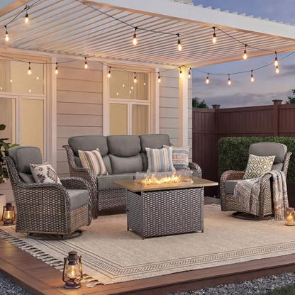 Luxury Patio Furniture Set with Fire Pit Table-4 Pieces High Back Wicker Swivel Rocker Chairs with 6" Extra Thick Cushions, Outdoor Patio Conversation Sets for Porch Deck Backyard(Brown/Grey)