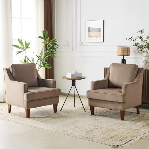 Mid-Century Accent Chairs Set of 2, Light Brown Upholstered Armchair Comfy Sofa Chairs Reading Chair High Back Living Room Bedroom Furniture for Apartment