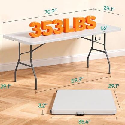 6FT Folding Table, Portable Fold-in-Half Plastic Picnic Party Table with Carrying Handle (White