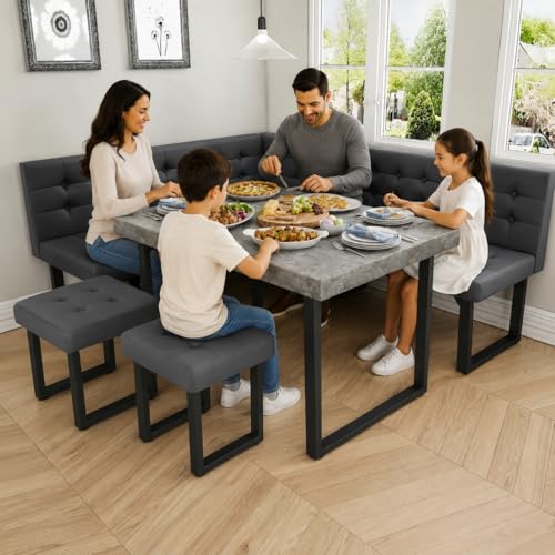 Corner Dining Table Set for Small Spaces, 72 Inch Breakfast Nook with Storage Banquette, 5 Piece Dining Set with Upholstered Bench, Modern Grey