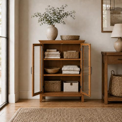 Avery Wooden Freestanding Floor Cabinet with 2 Adjustable Shelves 3 Storage Spaces 2 Glass Paneled Doors and 2 Antique Brass Knobs, Oiled Oak | Freestanding, 2 Adjustable Shelves, 3 Storage Spaces, 2 Glass Paneled Doors, 2 Antique Brass Knobs