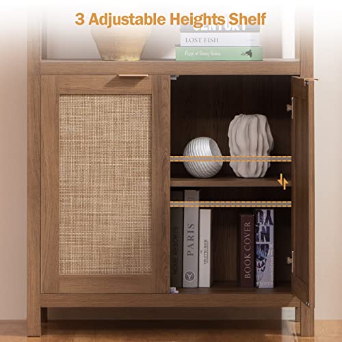 Bookshelf 5 Tier Book Shelf Rattan Boho 71" Tall Bookcase with Doors Storage Shelves Large Bookshelves Farmhouse Bookcases Library Book Case for Living Room Bedroom Home Office Kitchen | Book Shelf