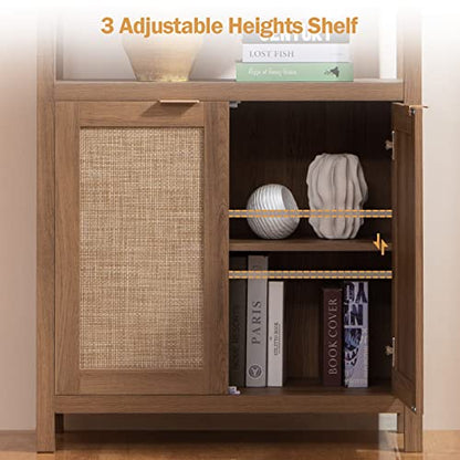 Bookshelf 5 Tier Book Shelf Rattan Boho 71" Tall Bookcase with Doors Storage Shelves Large Bookshelves Farmhouse Bookcases Library Book Case for Living Room Bedroom Home Office Kitchen | Book Shelf