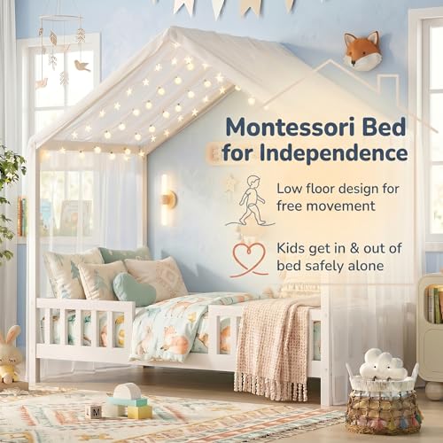 Twin Montessori House Bed with High Rails, Low Floor Bed Twin with Roof & Canopy, view 7