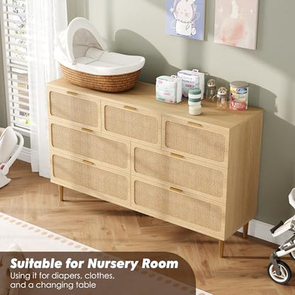 Rattan 7 Drawer Dressers for Bedroom, Tall Dresser with Deep Drawers, Large Chest of Drawers for Closet with Wide Top, Long Wooden Dresser for Living Room, Hallway, Kids Room, Natural