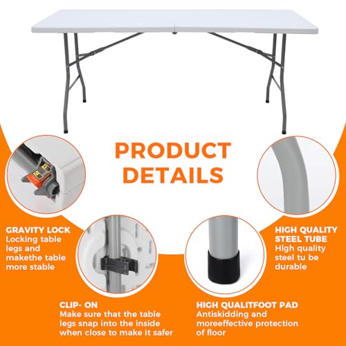 6 FT Folding Table,Outdoor Indoor Plastic Table Portable Square Height Dining Table Perfect for Picnics, Parties, Party and Camping, White