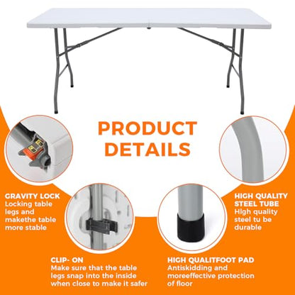 6 FT Folding Table,Outdoor Indoor Plastic Table Portable Square Height Dining Table Perfect for Picnics, Parties, Party and Camping, White