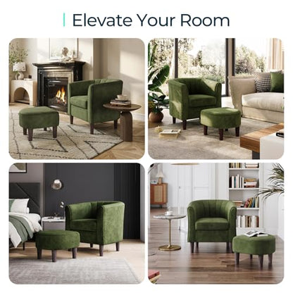 Accent Chair with Ottoman, Modern Barrel Chair Comfy Armchair Reading Chair with Footrest, Small Round Arms Chair for Living Room Bedroom Reading Room, Velvet, Olive