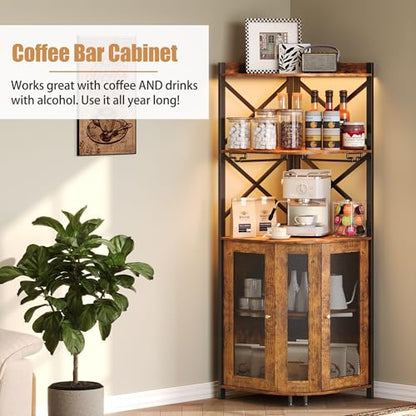 Corner Bar Cabinet with LED Lights, 5-Tier Industrial Wine Bar Cabinet with Glass Holder, Farmhouse Liquor Cabinets with Shelf and Door, Home Bar for Coffee Bars, Rustic Brown
