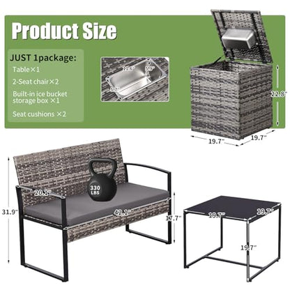 4 Piece Patio Furniture Set w/Built-in Cooler Storage Box, Grey/Grey | All-Weather Hand-Woven Rattan | Tempered Glass Table | Beverage Cooler | Comfy Loveseat | Indoor & Outdoor Use