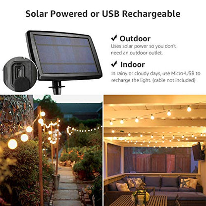 Solar Outdoor String Lights Patio Bistro Lights, 25ft 26 LED G40 Bulbs, USB Rechargeable Portable Edison Café String Lights for Porch, Pergola, Backyard, Garden, Pool, Party, Camping, 3600mAh