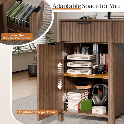 58" Fluted Home Office Desks with Storage, Power Outlet, Walnut, view 6
