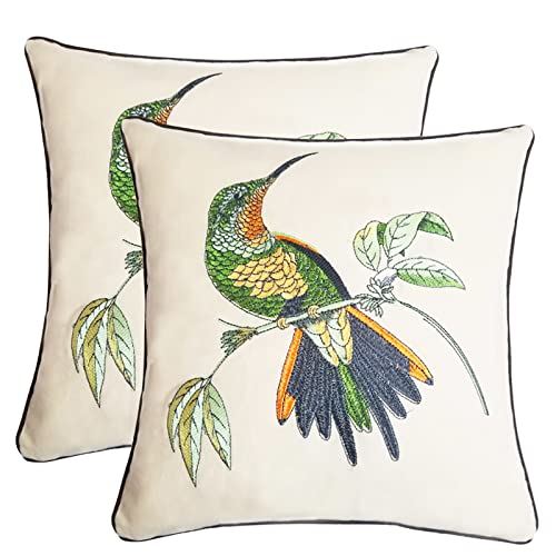 Set of 2 Embroidered Decorative Throw Pillow Covers Couch Square Pillowcases Cushion for Bedroom Sofa Farmhouse Decor 18x18 Inch (Hummingbird)