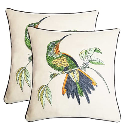 Set of 2 Embroidered Decorative Throw Pillow Covers Couch Square Pillowcases Cushion for Bedroom Sofa Farmhouse Decor 18x18 Inch (Hummingbird)