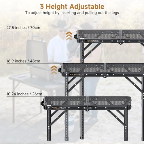 Folding Camping Table, 22" x 15" Picnic Table with 3 Adjustable Height Max 27.5", Matte Black Aluminum Folding Table with Handle for Party, Dining, Garden, Patio, Market (2-Fold Mesh Tabletop)