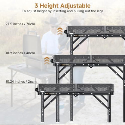 Folding Camping Table, 22" x 15" Picnic Table with 3 Adjustable Height Max 27.5", Matte Black Aluminum Folding Table with Handle for Party, Dining, Garden, Patio, Market (2-Fold Mesh Tabletop)