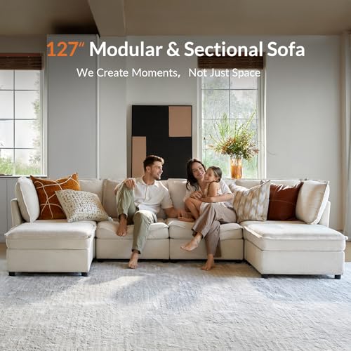 127'' Modular Sectional Sofa, Oversized U Shaped Couch with Storage Ottoman, Comfy Chenille Sofa with Deep Seat, 6 Seat Convertible Couches for Living Room, Beige
