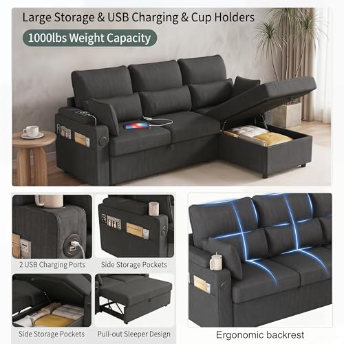 L-Sofa Bed Sleeper Pull Out with Storage Function and Two USB Ports and Cup, view 4