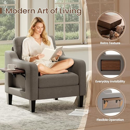 Upholstered Accent Chair with Foldable Side Table for Living Room | 2 Side Pockets, Modern Linen Armchair Wooden Fabric Chairs for Living Room, Comfy Reading for Bedroom/Office