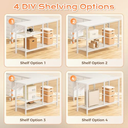 55 Inch L Shaped Desk with Power Outlets, 5 Fabric Drawers, view 8