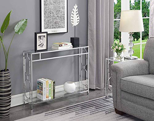 Omega Chrome Console Table 42" - Contemporary Modern Sofa Table with Storage Shelf, Narrow Entryway Hall Table for Living Room, Bedroom, Bathroom, Glass/Chrome