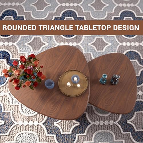 Nesting Coffee Table Set of 2, Modern Walnut Wood Veneer Coffee Table and Side Table Set for Living Room, Small End Table Set with Flexible Use and Space-Saving Design
