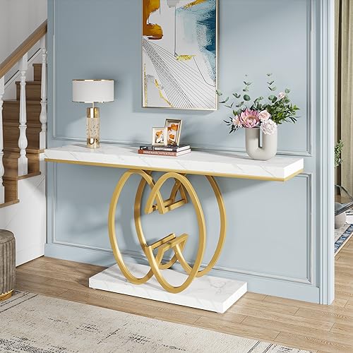 Tribesigns 55 Inch Console Table for Hallway, Faux Marble Gold Entryway Table with Geometric Metal Base, Modern Narrow Sofa Accent Table for Entrance, Living Room, Foyer (White & Gold)