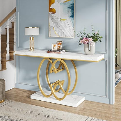 Tribesigns 55 Inch Console Table for Hallway, Faux Marble Gold Entryway Table with Geometric Metal Base, Modern Narrow Sofa Accent Table for Entrance, Living Room, Foyer (White & Gold)