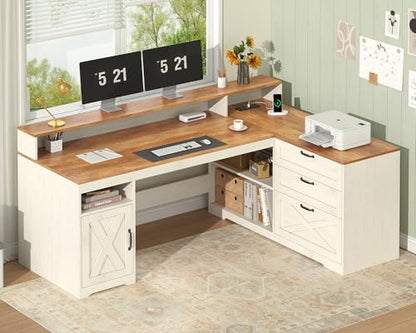 61" Farmhouse L Shaped Desk with Drawers ＆ Storage Shelves for Home Office, view 4