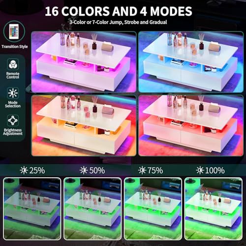 LED Coffee Table with Storage 4 Drawers, Modern High Glossy Coffee Tables for Living Room, White Rectangle Coffee Table Small Center Table with Open Display Shelf & Sliding Drawers, White
