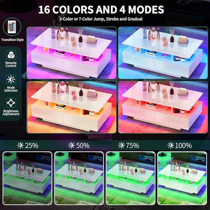 LED Coffee Table with Storage 4 Drawers, Modern High Glossy Coffee Tables for Living Room, White Rectangle Coffee Table Small Center Table with Open Display Shelf & Sliding Drawers, White