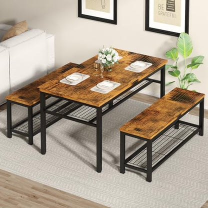 3-Piece Dining Table Set, Industrial Kitchen Table and Chairs Set for 4, Dining Table and 2 Benches with Storage Shelf, Dining Table Set for Dining Room Kitchen, Rustic Brown