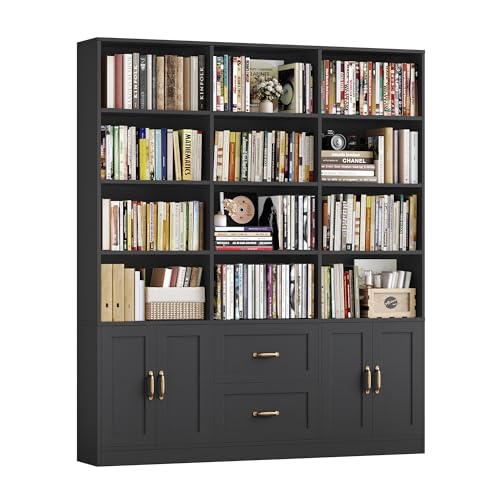 71" Tall Triple Wide Bookshelf with Storage Drawers & Doors, Black, view 2