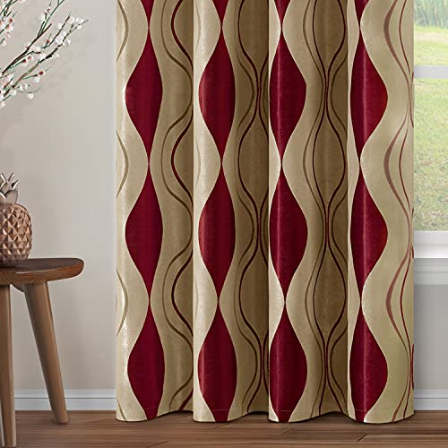 Wave Room Darkening Curtains 52 X 63 Inch Length Burgundy and Beige Set of 2 Panels Bedroom Jacquard Grommet Window Drapes for Living Room