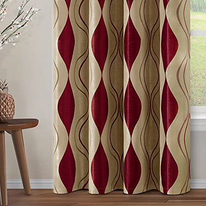 Wave Room Darkening Curtains 52 X 63 Inch Length Burgundy and Beige Set of 2 Panels Bedroom Jacquard Grommet Window Drapes for Living Room