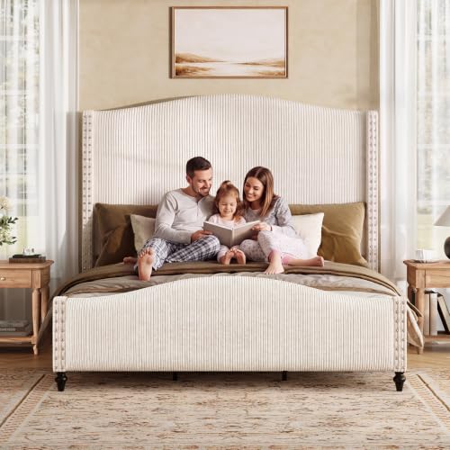 Queen Bed Frame with 65" Tall Headboard, White Corduroy Upholstered Bed, view 8