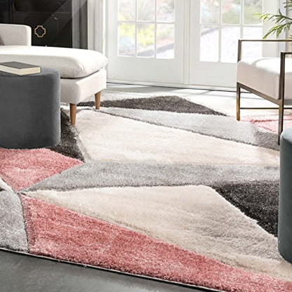Walker Pink Triangle Boxes Thick Soft Plush 3D Textured Shag Area Rug 4x6 (3'11" x 5'3")